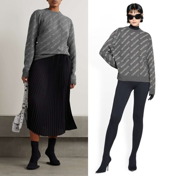 NWT Balenciaga Crewneck Pullover Sweater Heather Grey Cashmere Knit  Mini Logo - Picture 1 of 6